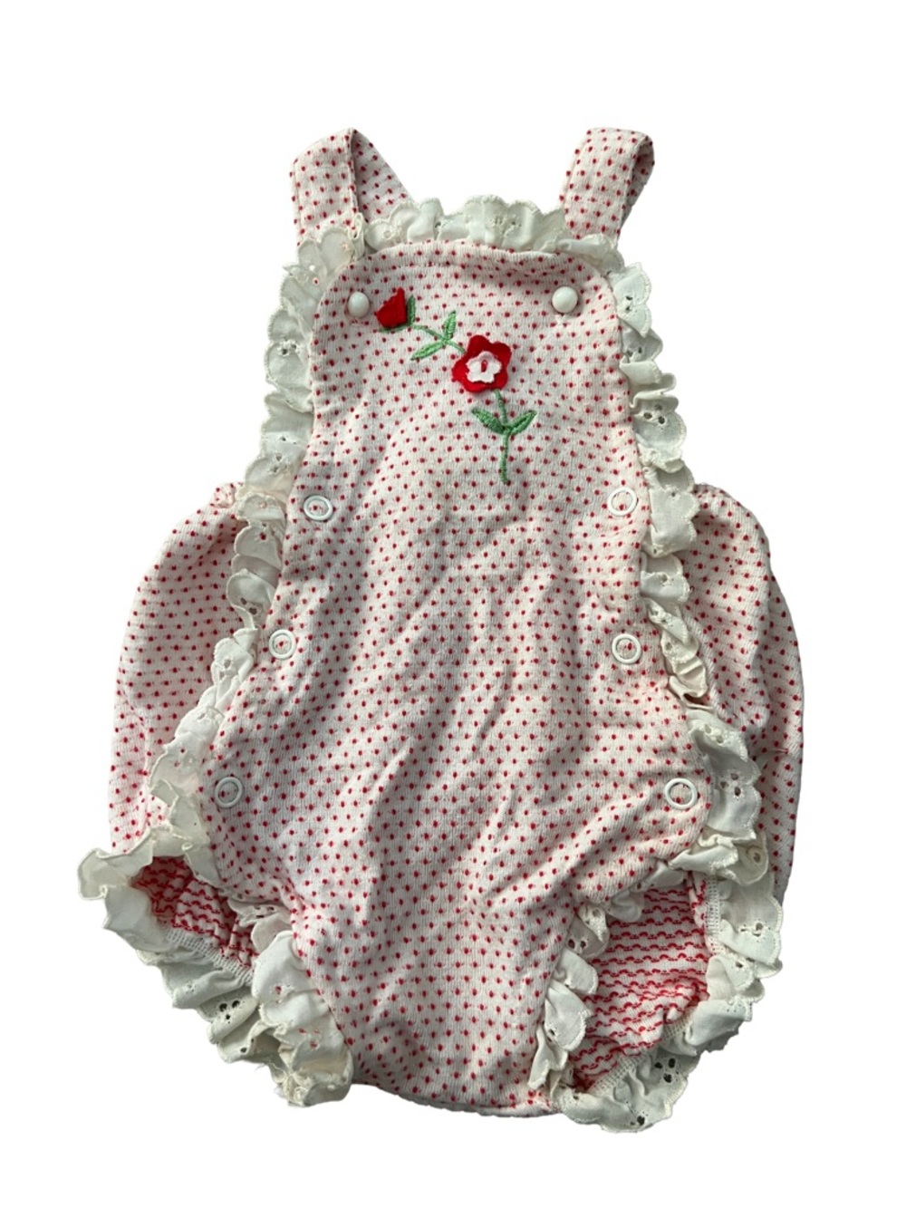 Vintage 80s Carter’s Baby Girl Bubble Romper red polka dot eyelet ruffle rose